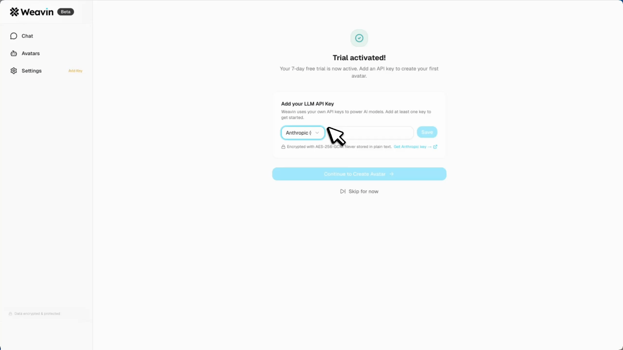 Adding API key in Weavin settings
