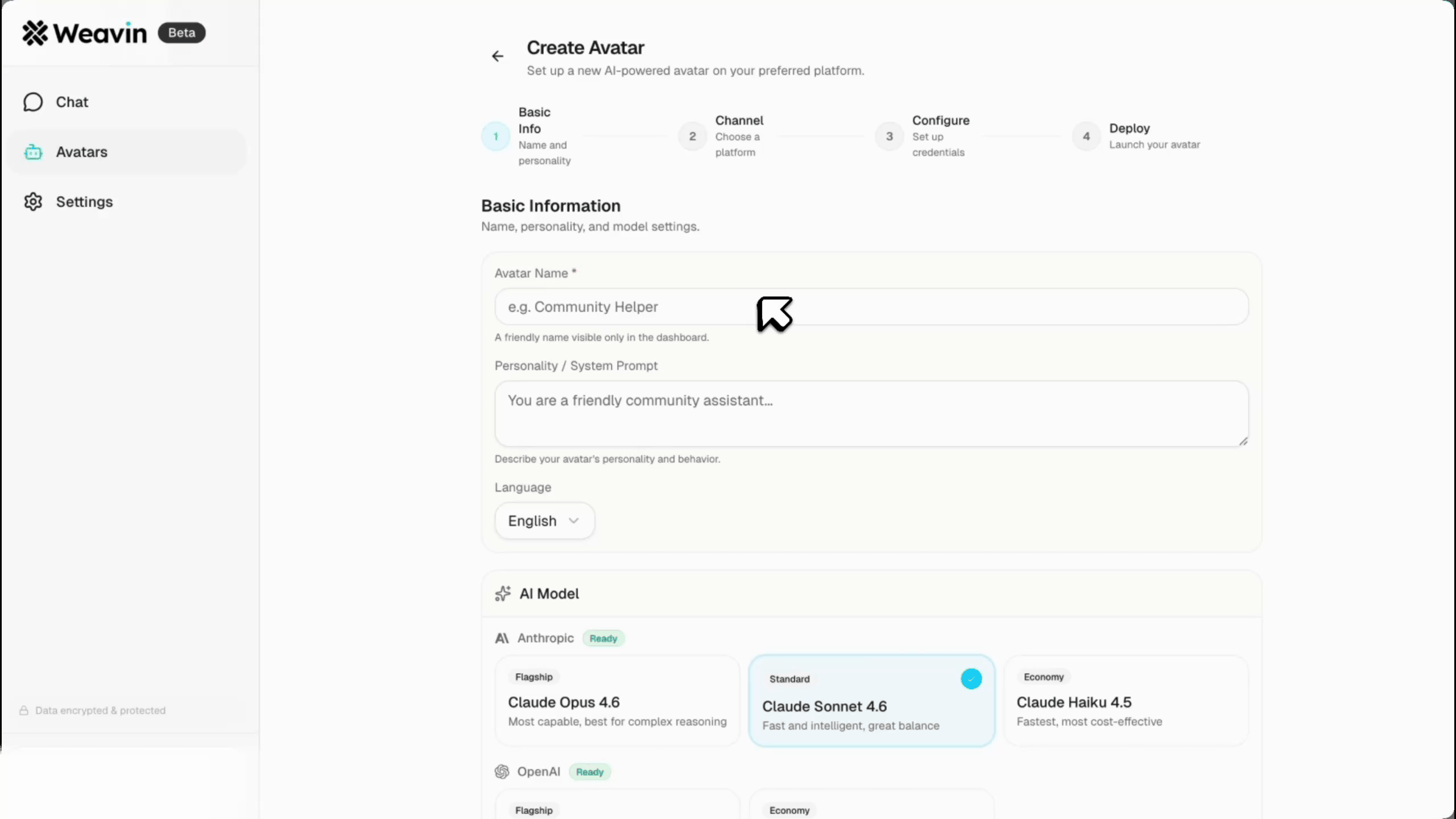Filling in avatar details on Weavin